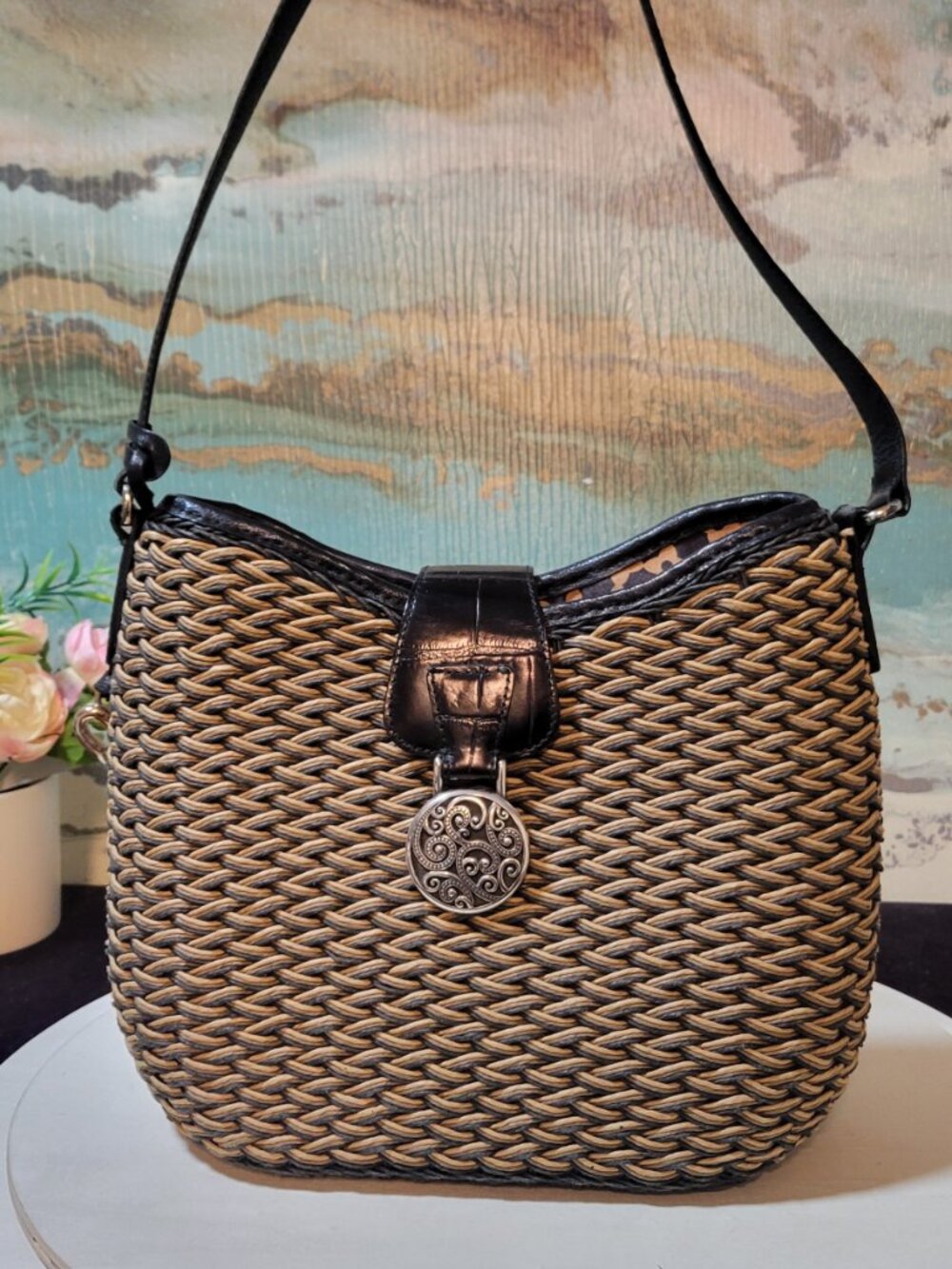 Brighton Tan & Black Raffia Shoulder Bag  [Item #HV02]